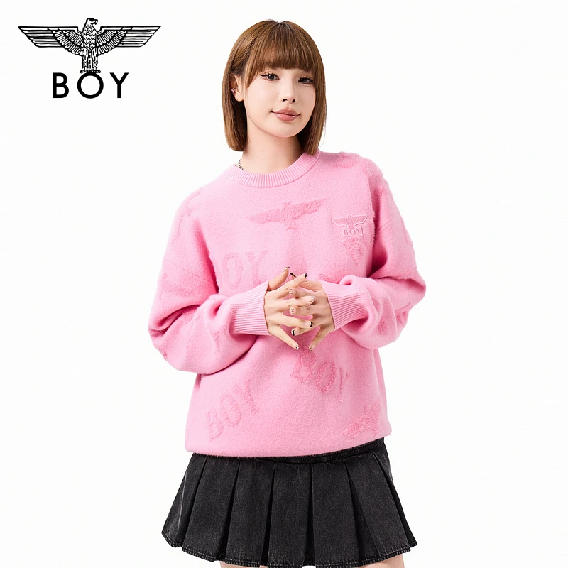 BOY秋冬时尚潮牌百搭情侣慵懒保暖提花圆领套头毛衣N60901