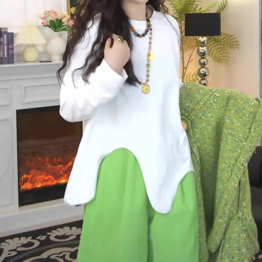 大萍子家 常规款长袖网红中长款白色春季圆领0095