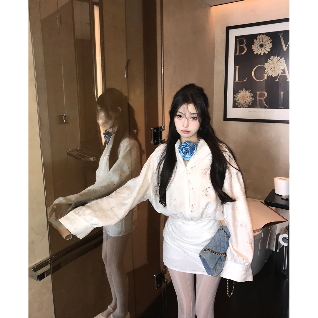 区区欧阳镂空长袖衬衫连衣裙女春季白色辣妹短裙收腰修身显瘦裙子