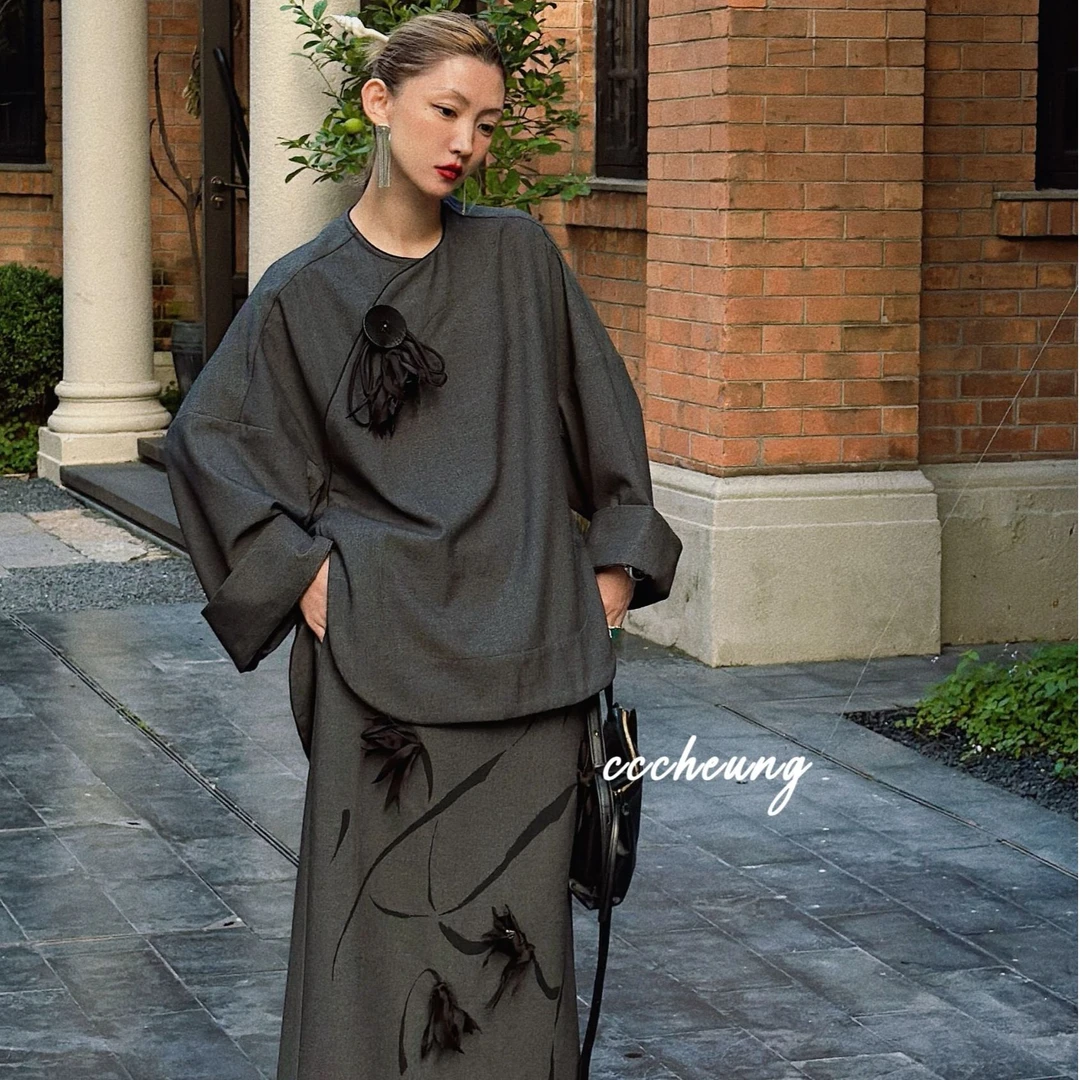 【喜一兮】墨羽 极简老钱风新中式手工钉珠立体花半裙套装5DC-V8239