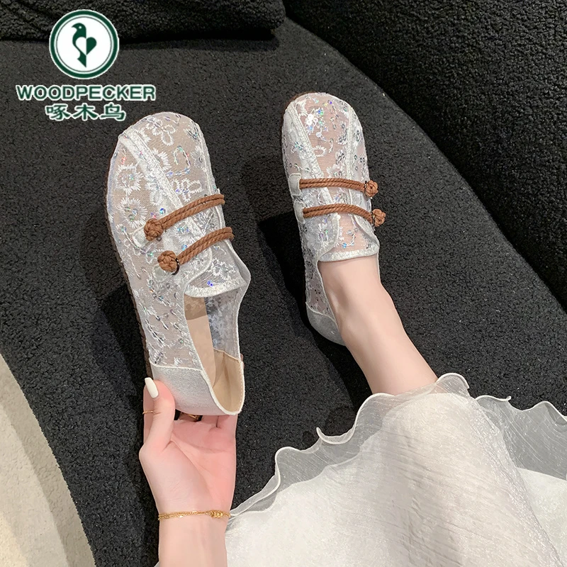 【啄木鸟】正品渔夫单鞋女夏透气网鞋轻便配裙子不累脚一脚蹬豆豆鞋