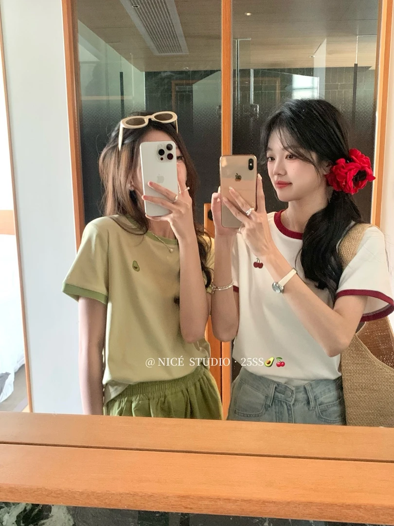 乐缘夏季爆款撞色水果刺绣T恤