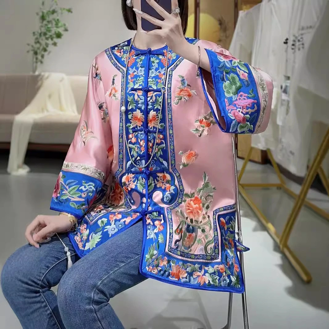 繁华重工刺绣对襟清汉女老钱中式国风醋酸长外套ins上衣秋2025年