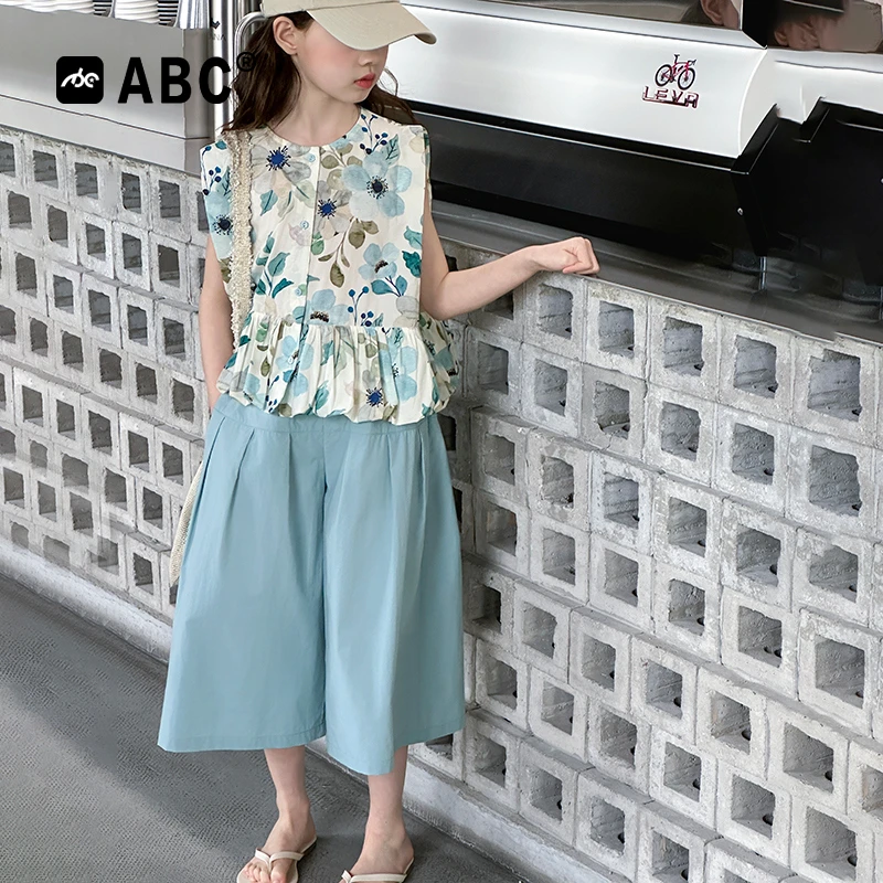ABC女童夏季套装2025新款碎花女孩薄款夏装女大童洋气韩版两件套