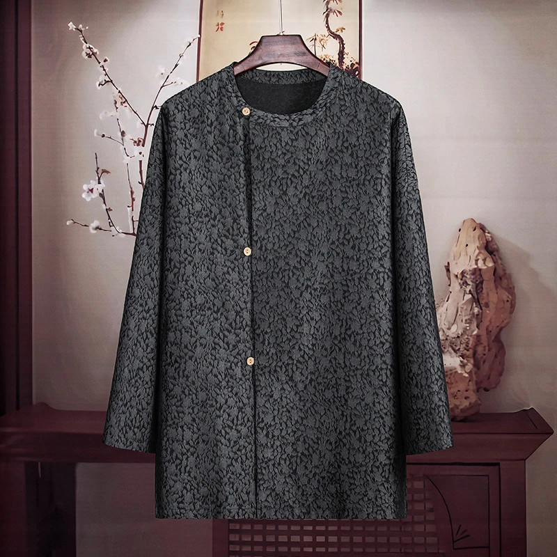 由天丨新中式国风男装暗纹提花斜襟改良汉服古装明制唐制长袖上衣