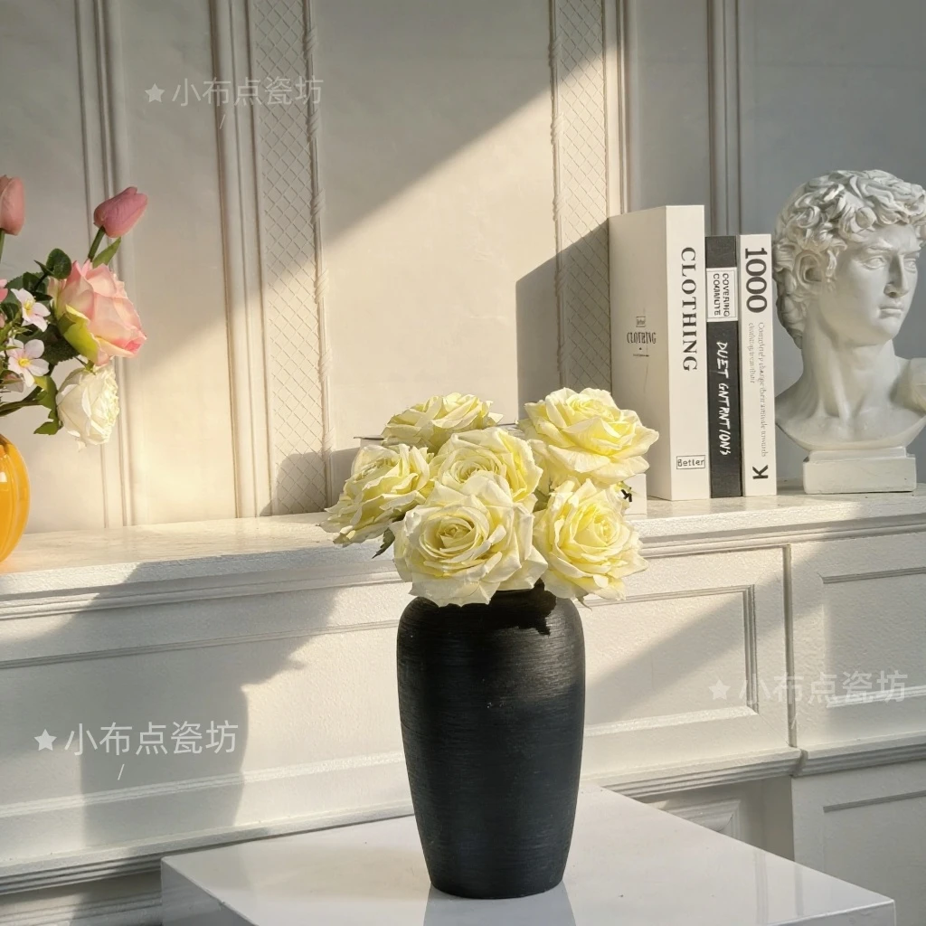 中式黑丝萝卜花瓶仿真花水培鲜花陶罐家居简约创意摆件复古高级感