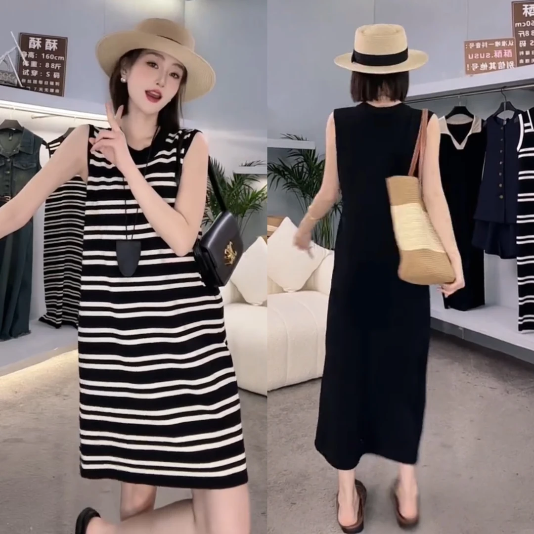 简约气质优雅圆领针织裙直筒背心长裙时尚百搭针织连衣裙中长款