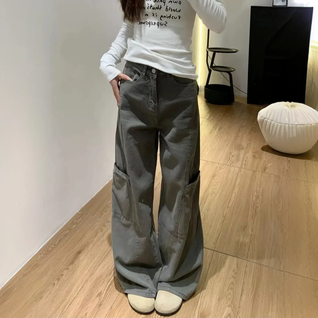 美式水泥灰阔腿工装裤女春季胖妹妹mm宽松显瘦梨型身材拖地牛仔裤
