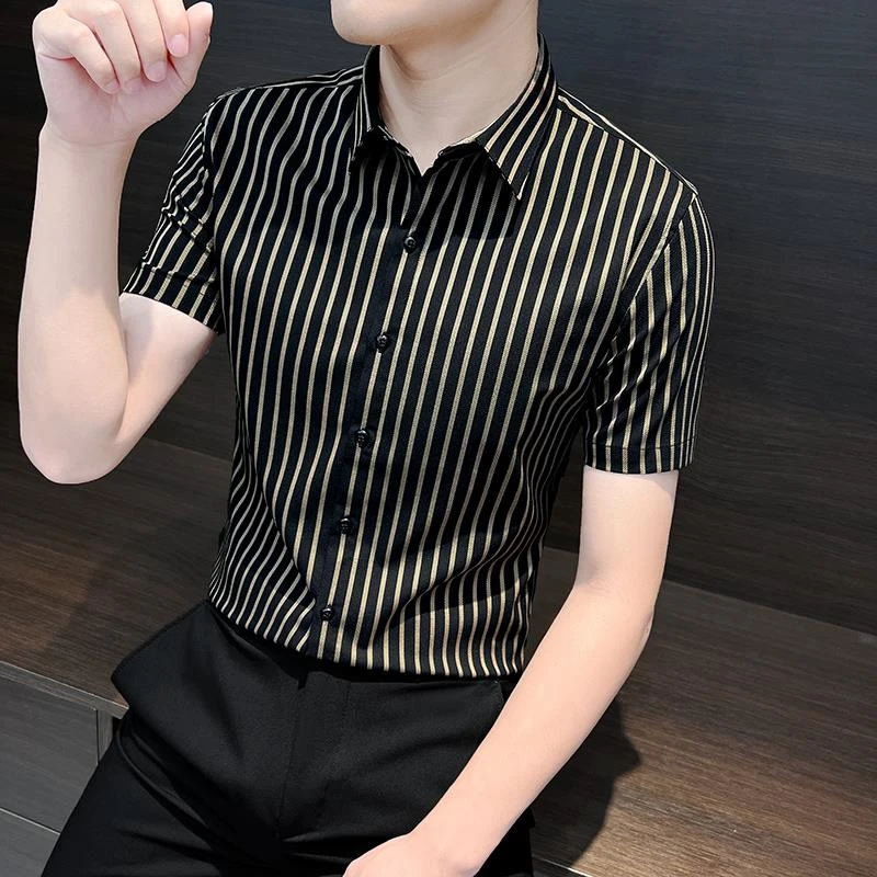 男士竖条纹衬衫短袖夏季冰丝高端商务修身痞帅高级感夏天半袖衬衣