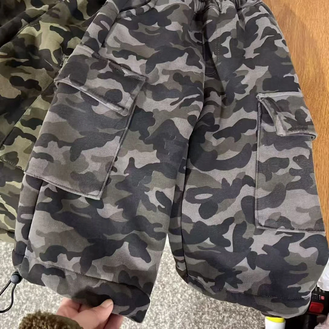 秋冬新款男女童迷彩加绒时尚韩版工装裤