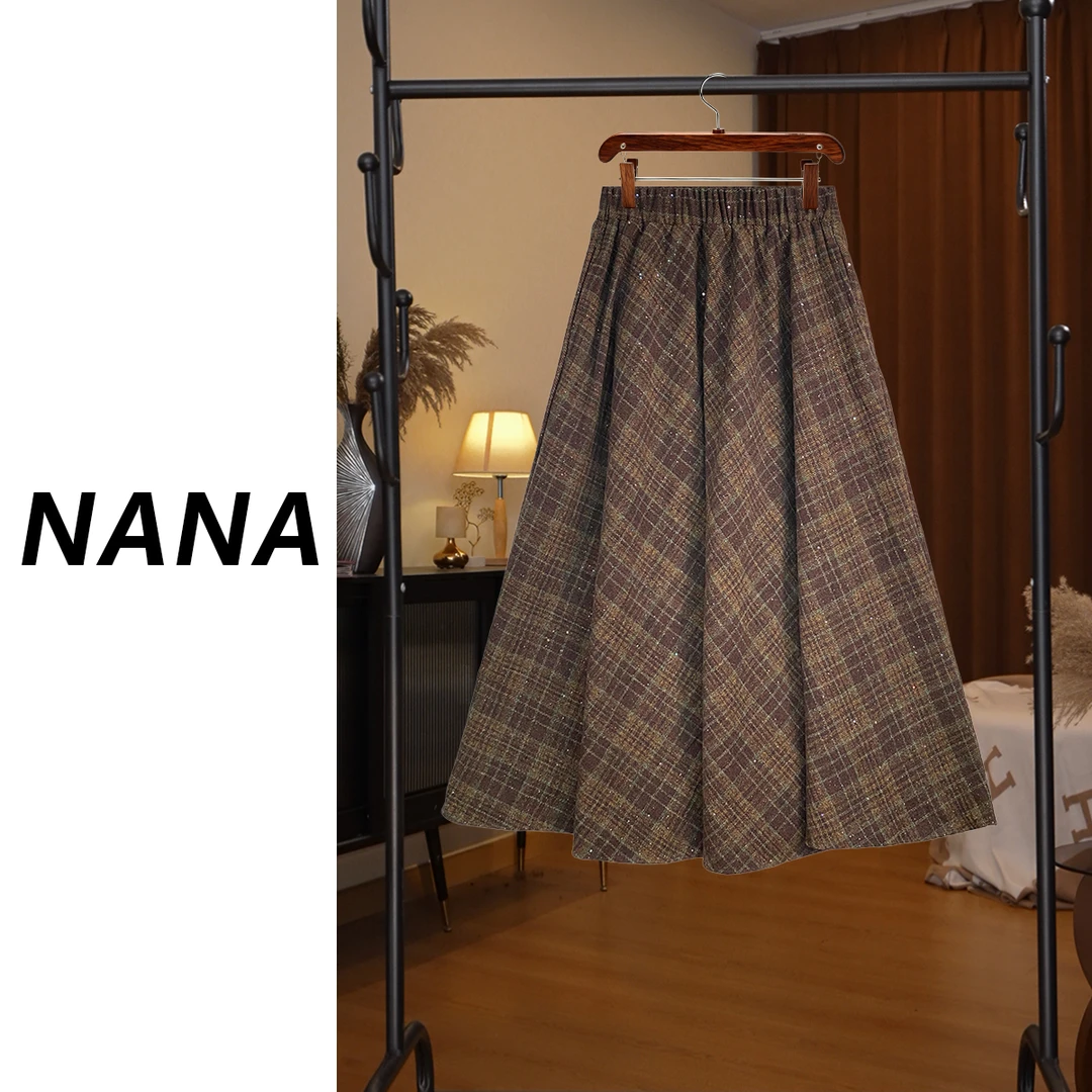 【NANA专属】复古撒银格子半裙女秋季2025高腰显瘦伞裙D8033