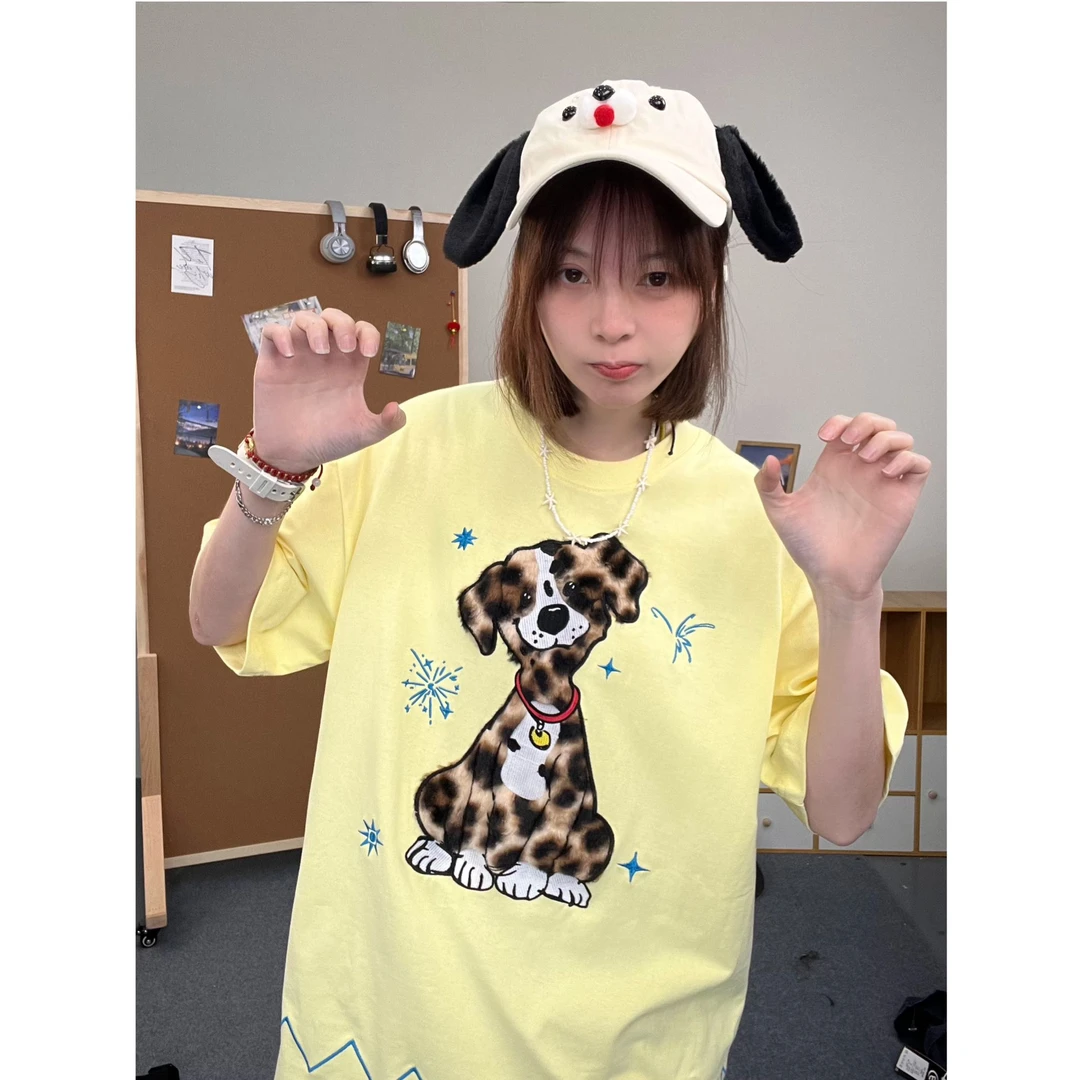 FXOP潮牌春夏季【斑点狗】重工刺绣毛茸茸短袖T恤情侣休闲上衣W078