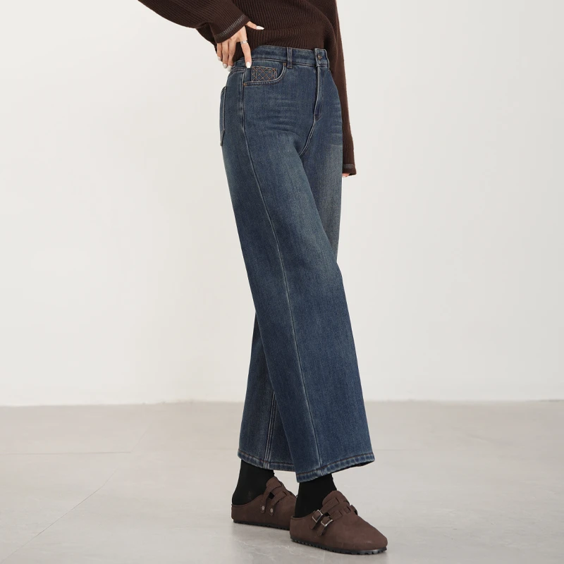 凌丹娜冬季加绒加厚刺绣高腰阔腿牛仔裤女小个子九分直筒裤8050