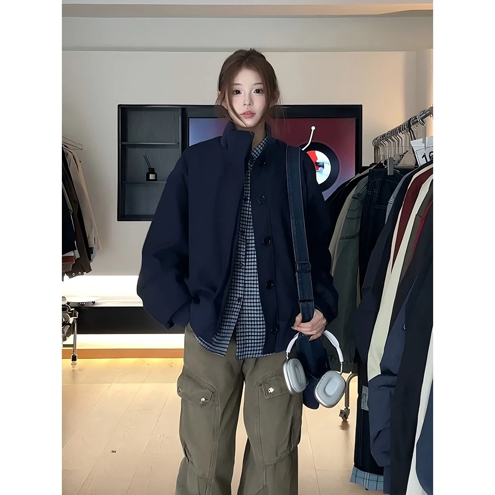 藏青色美式复古外套男款春秋潮牌cleanfit飞行夹克垫肩短款棒球服