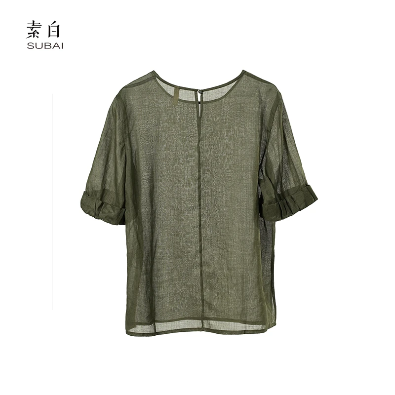 素白【花眠】复古浪漫S01637减龄花苞袖简约百搭100%苎麻圆领T恤