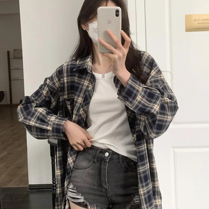 设计感小众复古格子防晒长袖衬衫女款春秋季新款开衫穿搭休闲衬衣