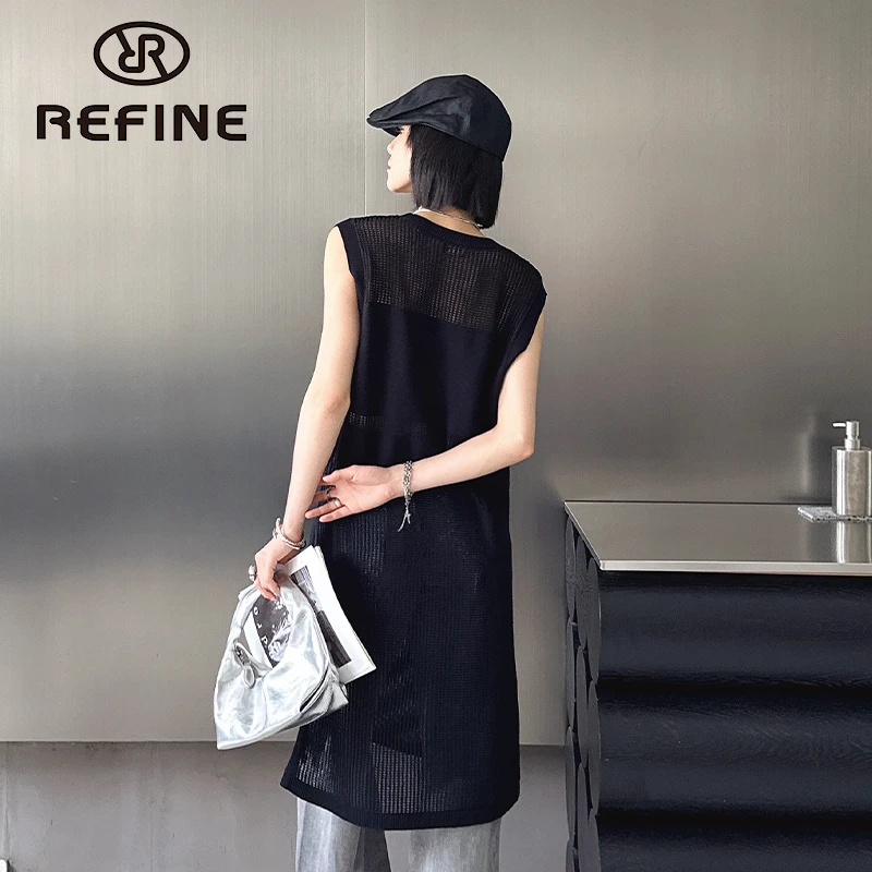 REFINE立范25年夏时尚通勤无袖圆领镂空编织针织连衣裙