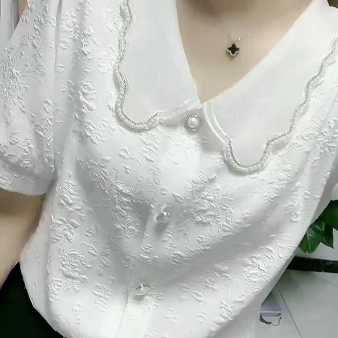 夏季新款时尚提花娃娃领设计感小众时髦气质感减龄百搭显瘦衬衫潮