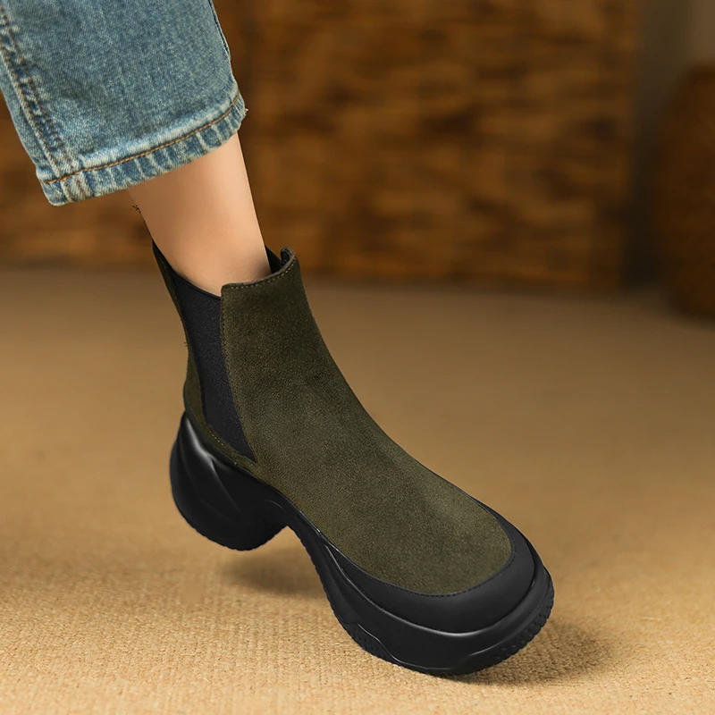 8cm秋冬坡跟高跟短靴军绿色厚底切尔西靴女磨砂皮增高显瘦烟筒靴