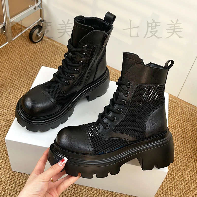 小个子增高网面马丁靴2025夏季新款女厚底粗跟镂空靴子薄款凉靴