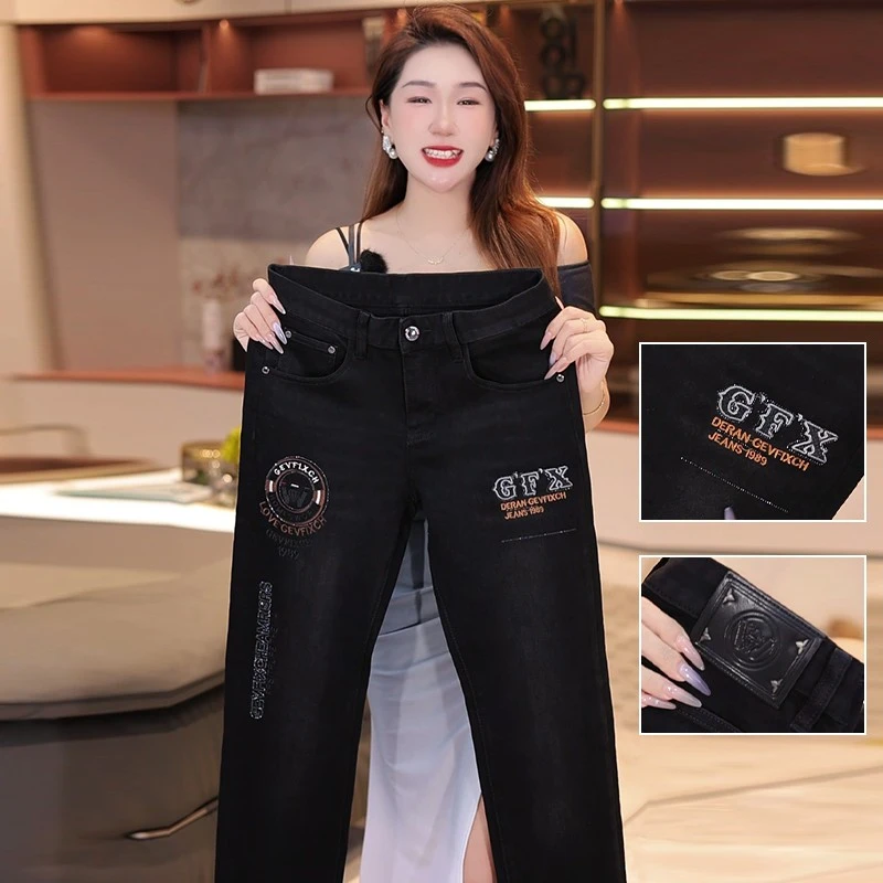 秋季新款刺绣男士牛仔裤时尚烫钻工艺修身百搭弹力小脚裤潮流2265