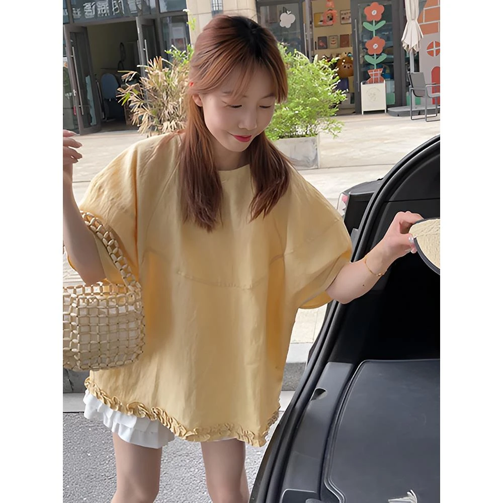 Qi0n自留款！高品质设计感下摆荷叶边泡泡袖韩版复古黄色短袖衬衣