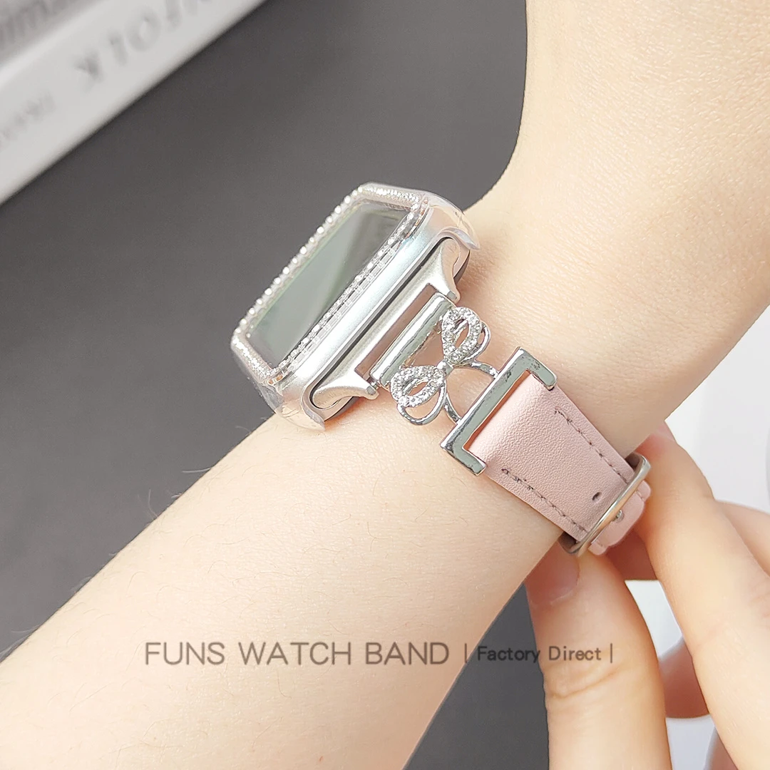 适用小米手环8NFC9pro纯铜满钻蝴蝶结拼皮表带红米watch5/4女生