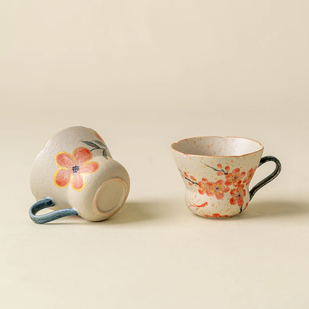 焦糖手绘梅花小耳杯陶瓷家用品茗杯功夫茶具宽口普洱喝茶杯釉上彩