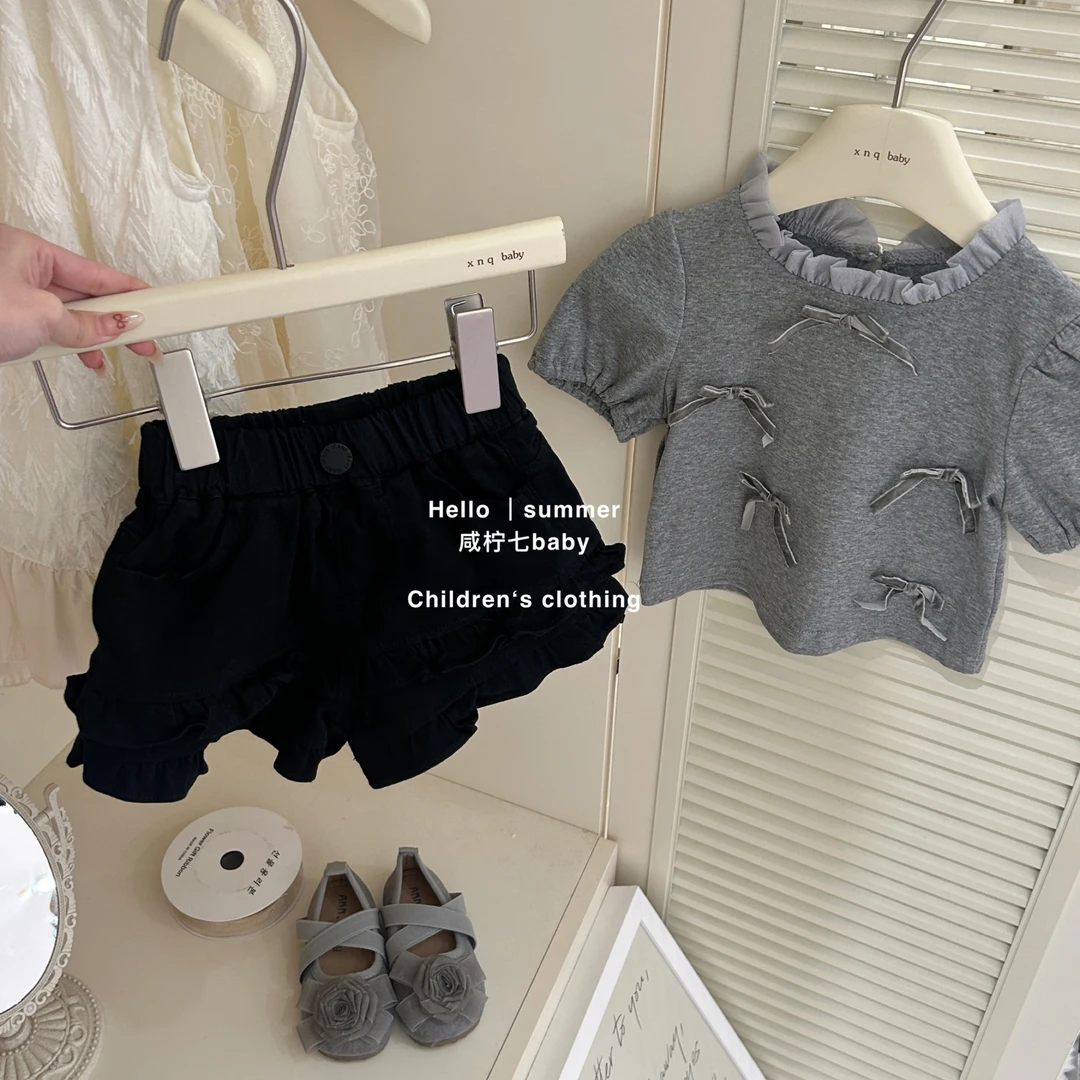 现【咸柠七】女童短袖t恤2025夏装新款蝴蝶结韩版上衣小女孩夏季