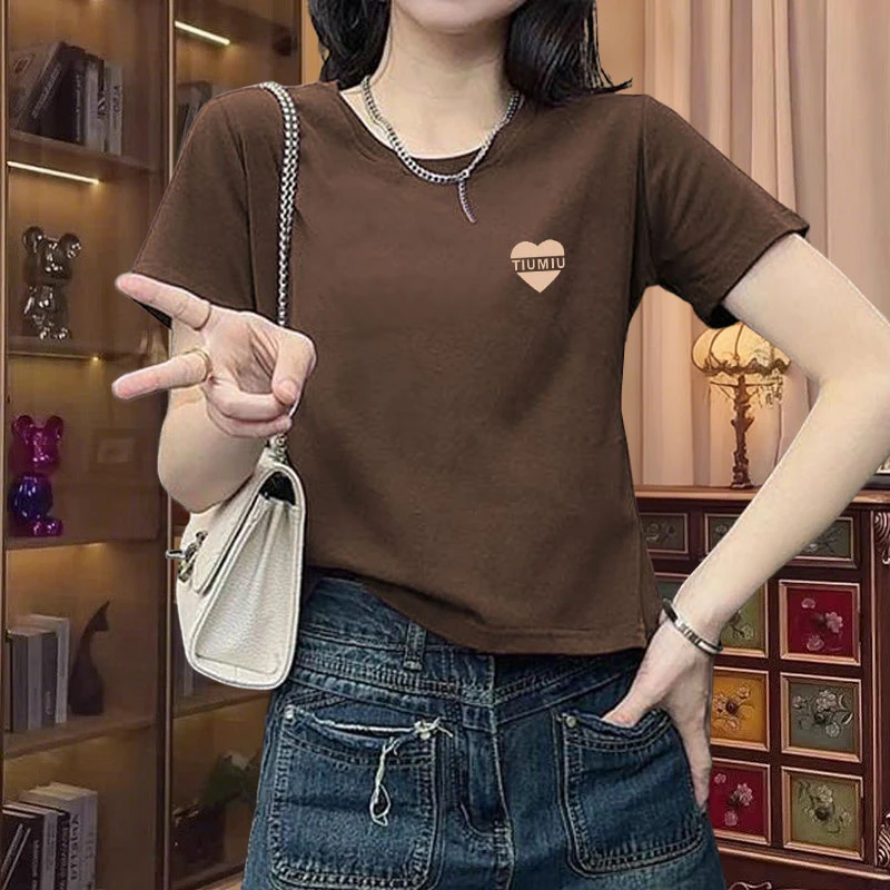 女士圆领显瘦小个子纯棉印花薄款上衣夏季短袖2025新款短款T恤衫