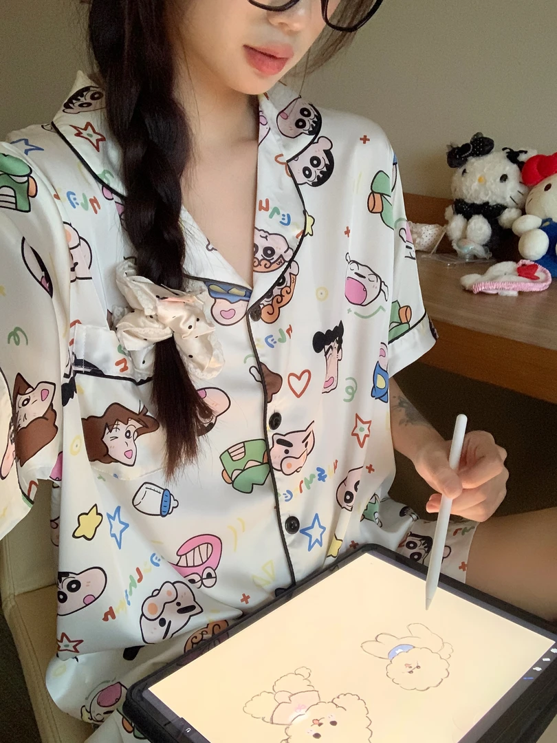 8002大码夏季睡衣女可爱蜡笔小新情侣冰丝家居服短袖短裤套装