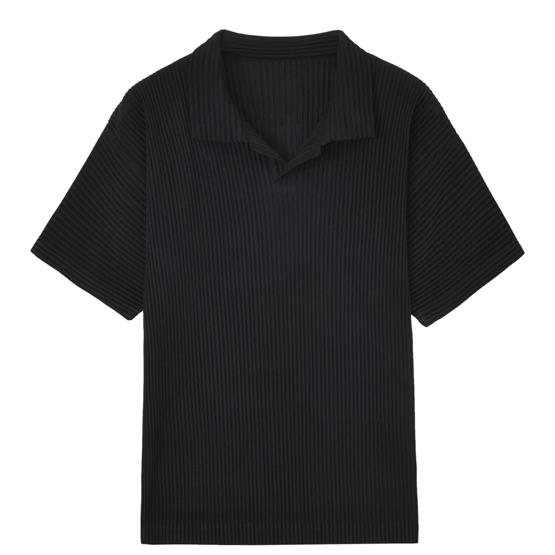 PLEATVERSE HOMME-JM030三宅-夏季薄款透气竖条纹白搭POLO短袖