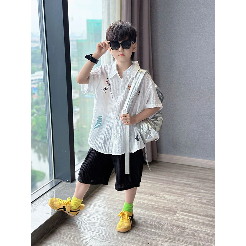 男童韩版夏季休闲宽松凉感衬衫短袖套装中大童帅气个性刺绣两件套