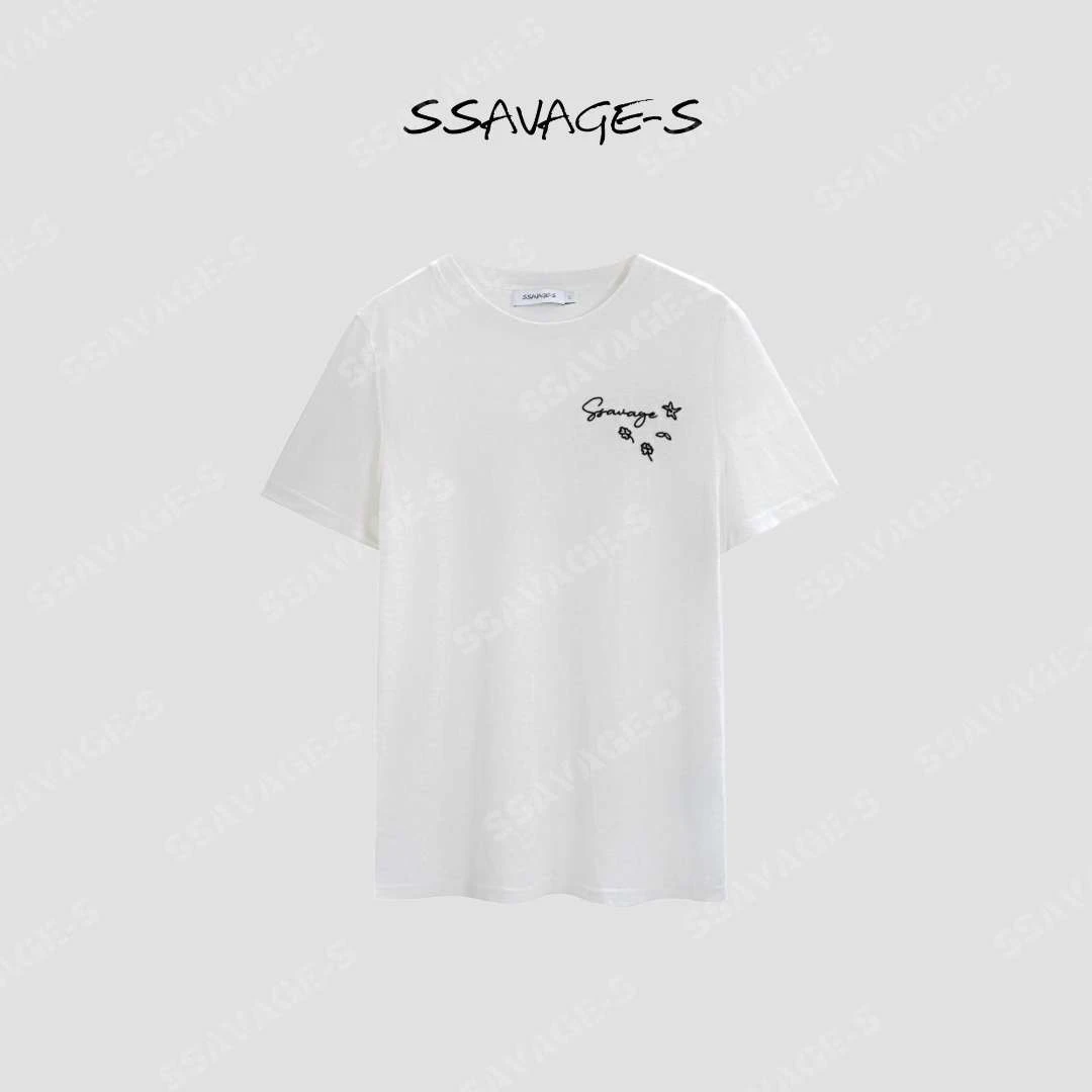 SSAVAGE“少女织物”奥地利小花刺绣圆领百搭短袖T恤SS90736