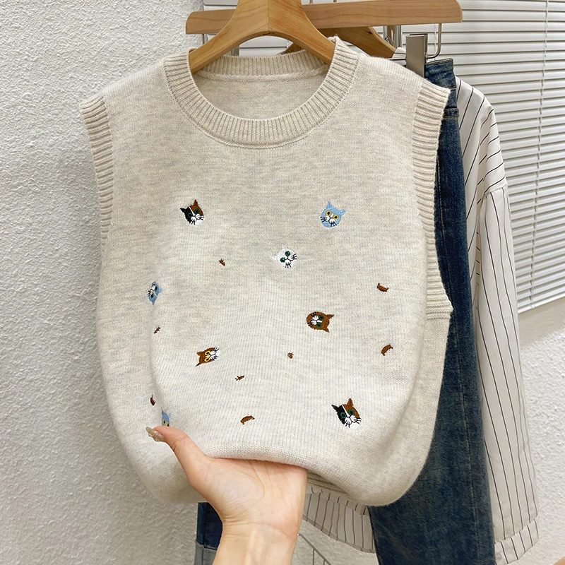 爆款猫咪刺绣卡通毛衣背心马甲女春秋新款韩版无袖宽松减龄针织衫