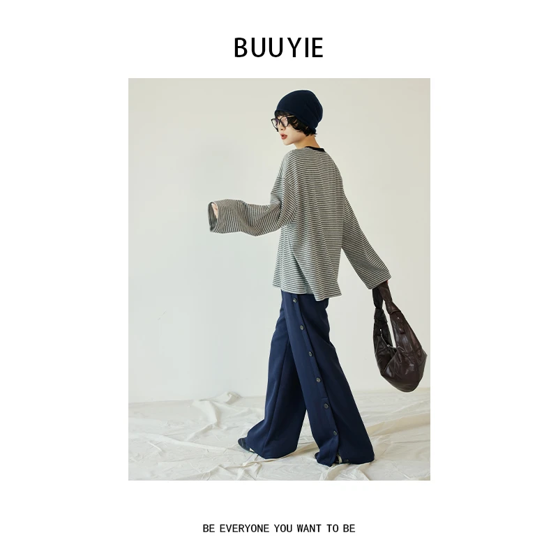 BUUYIE 25SS【帧默】极简风慵懒休闲潮流时尚条纹T恤 250856