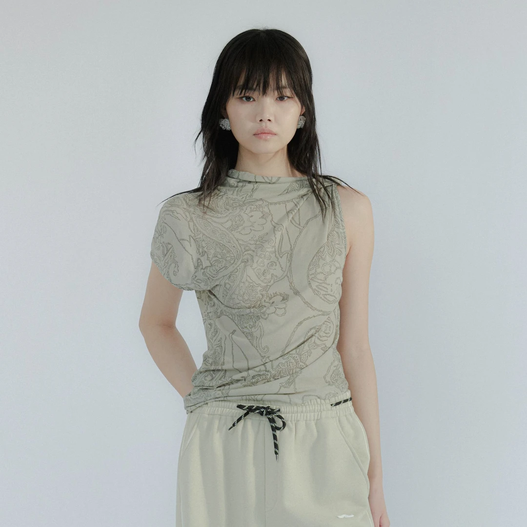 RODERIC WONG斜肩印花造型上衣RW051RTB