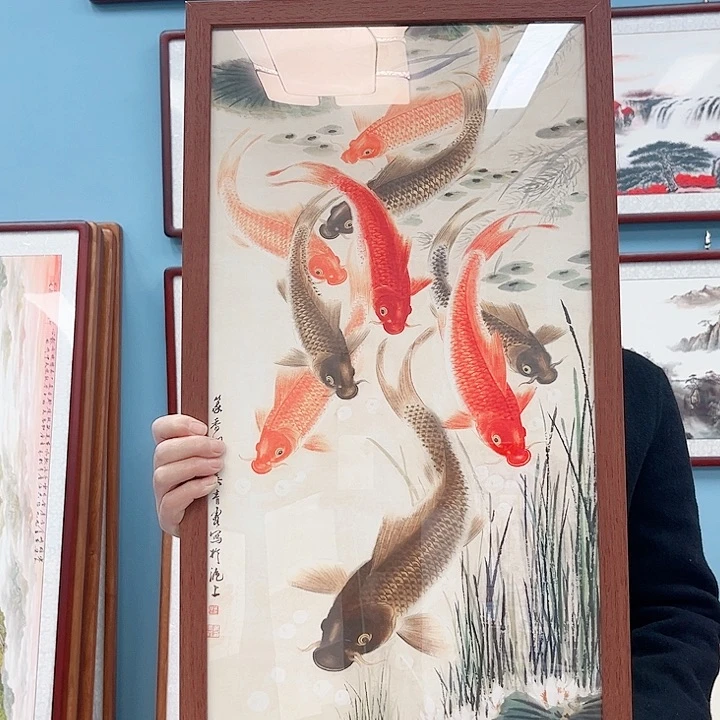 横款九鱼图实木画框