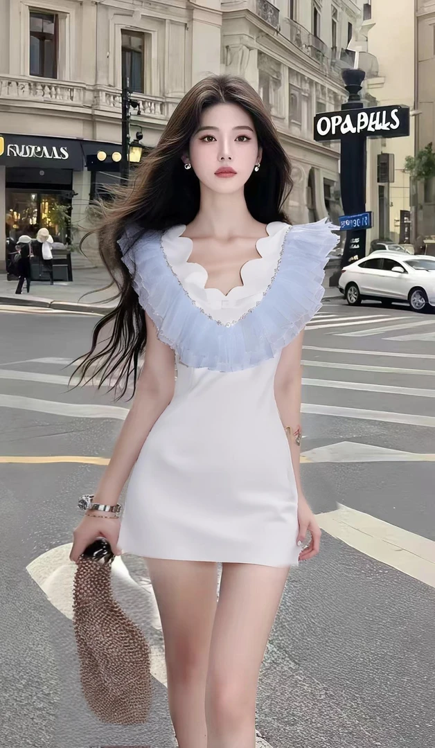 新款高端大气法式温柔风不规则领收腰包臀连衣裙时尚轻奢优雅小众