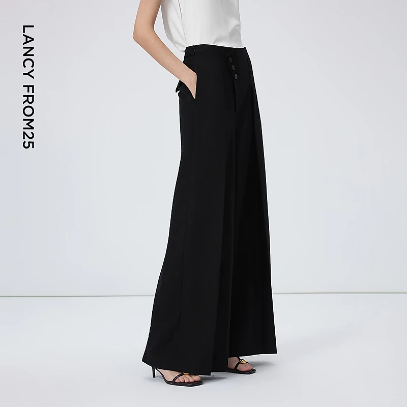 朗姿设计感高端西裤立体版型高腰压褶阔腿西装裤2026年春季新款