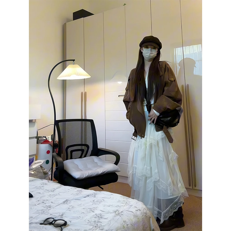 2025新款女士早秋季韩版复古休闲宽松慵懒夹克上衣棕色皮绒外套