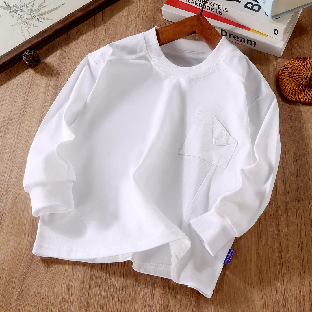 春秋新款男童长袖T恤宽松百搭圆领早秋上衣纯色简约常规卫衣上衣
