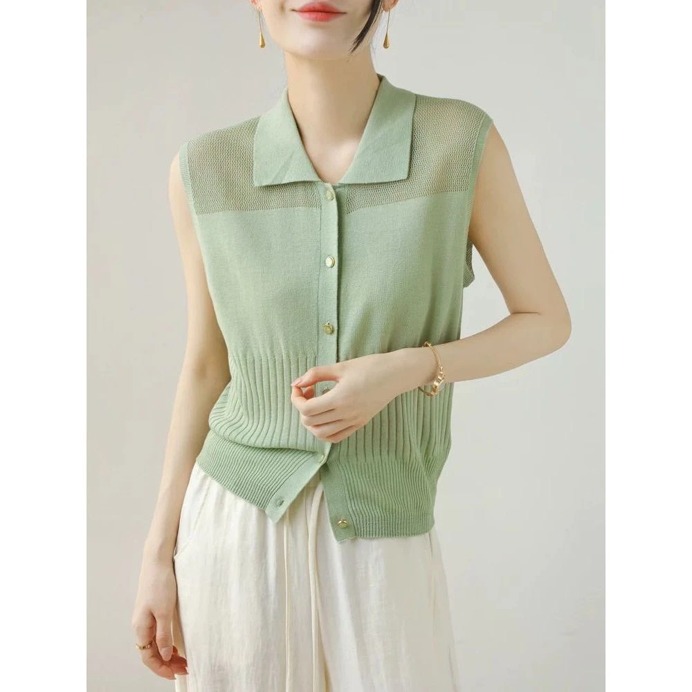 【亚麻+天丝】POLO领修身针织背心女夏百搭气质短袖无袖上衣-C2657