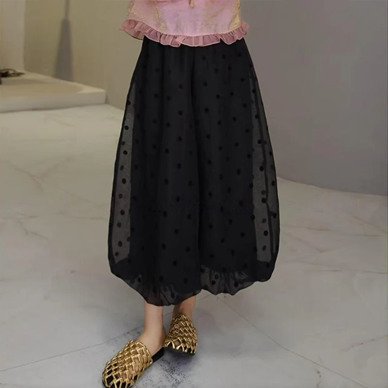 “波点花苞裤”2025夏季时尚百搭拼纱纯色薄款波点花苞阔腿裤