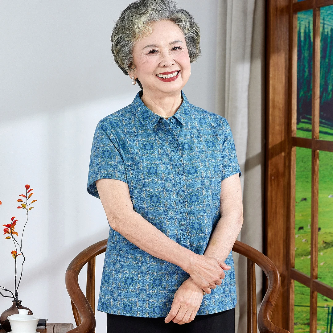 100%全棉短袖妈妈夏装衬衫中老年人奶奶夏季宽松纯棉开衫婆婆衣服