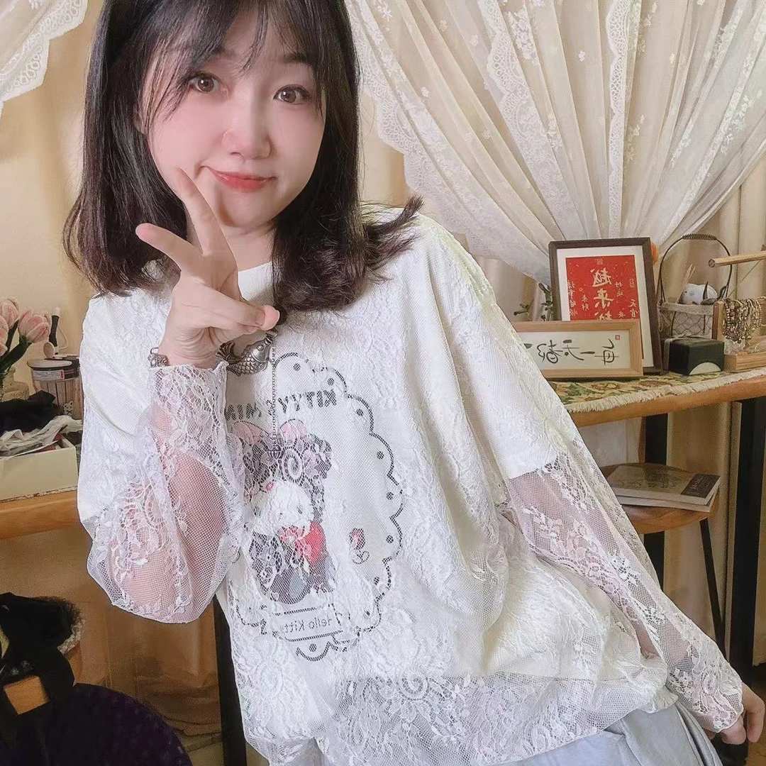 【爆可爱】时尚洋气百搭可爱精致减龄卡通蕾丝刺绣拼接长袖T恤