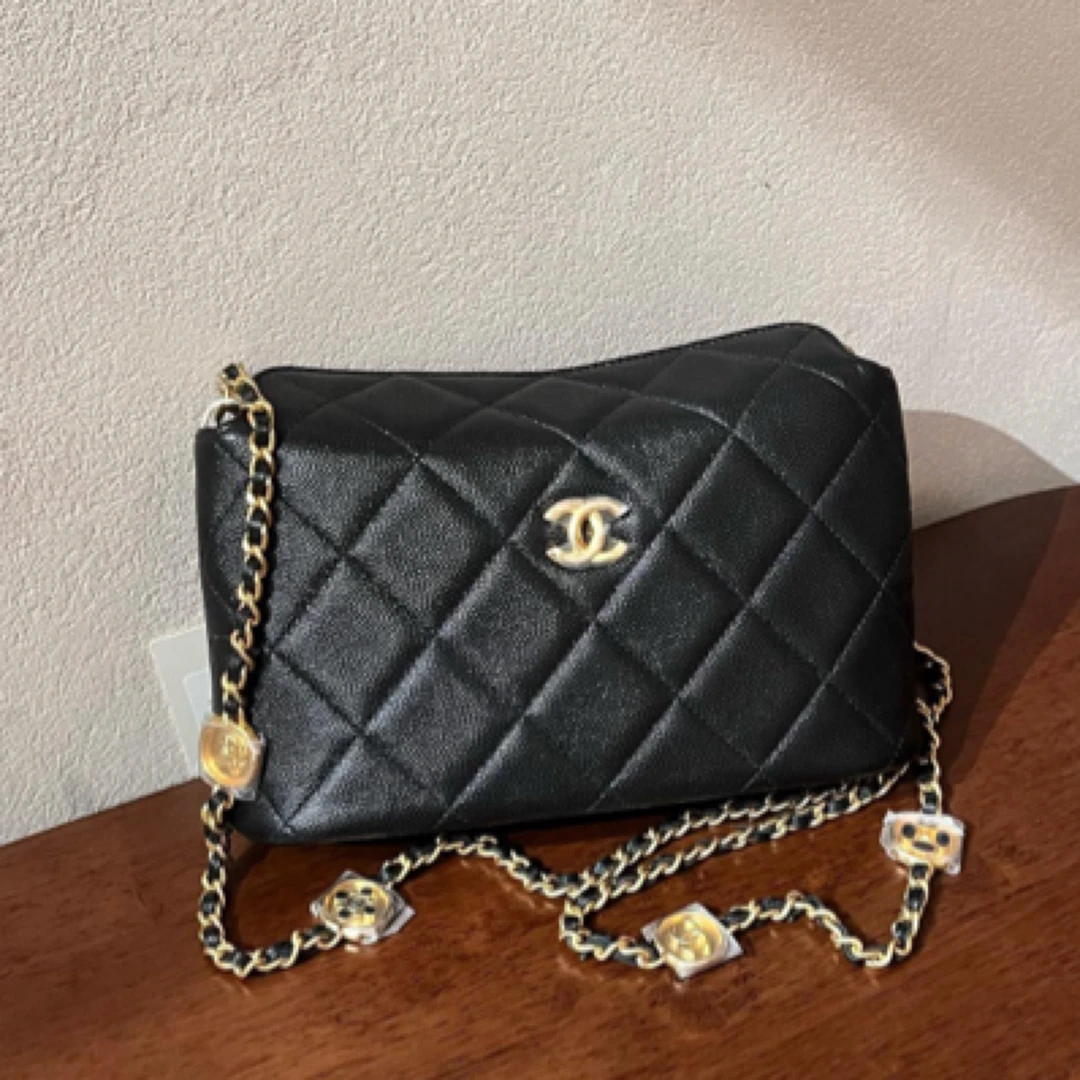 99新 Chanel/香奈儿 26C黑金荔枝牛饭盒包单肩包