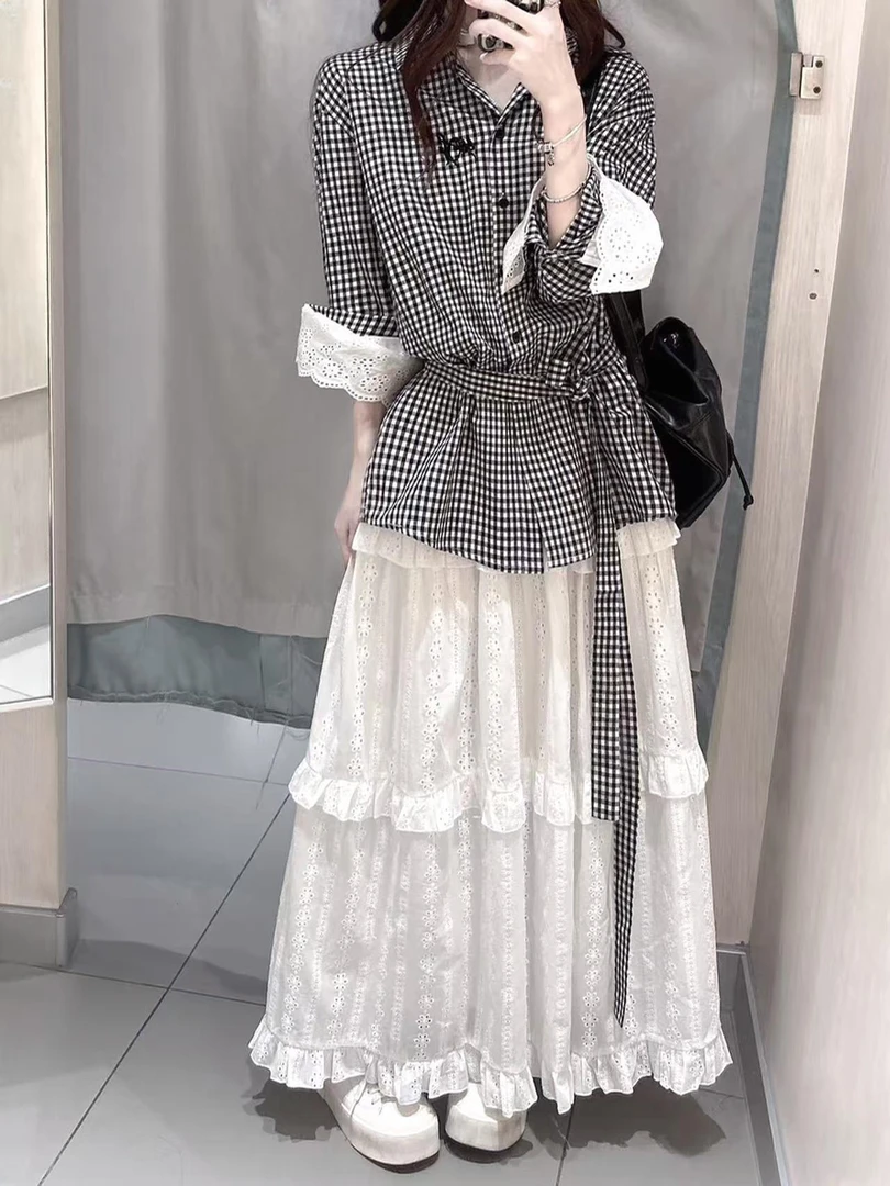 千金装拼接格子花边衬衫手工腰带衬衣仙女蛋糕裙套装大女孩教师装
