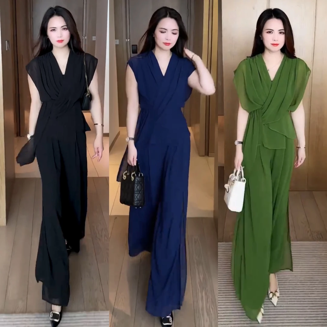 时尚套装奶茶2025夏季夏款时髦洋气显瘦V领短袖阔腿裤两件套281