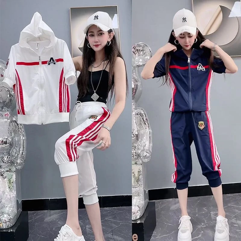 夏季短袖连帽开衫七分裤休闲两件套女气质时尚半袖防晒服套装韩版